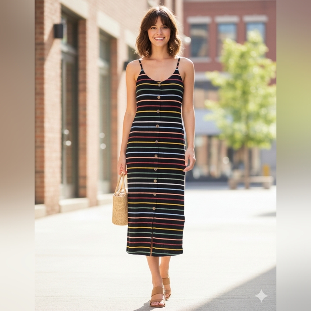 LOFT Navy‎ Blue Multicolor Striped Maxi Dress New Small